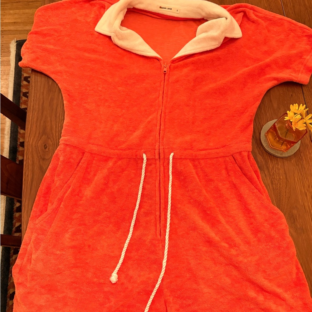 Marine Layer Coral Romper with White Trim